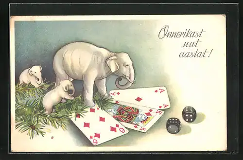 AK Kartenspiel, Onnerikast nut aastat, kleine Elefanten mit Spielkarten