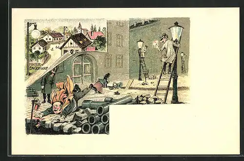 Lithographie Hinter-Einödsdorf, Strassenbau, Blick in den Ort