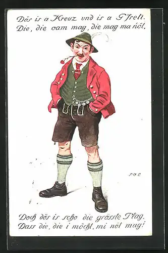 Künstler-AK P. O. Engelhard (P.O.E.): Bayer in Tracht mit Blume zwischen den Lippen