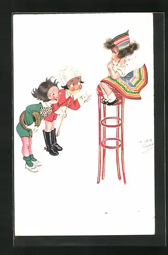 Künstler-AK Chicky Spark: Mädchen im Trachtenkleid sitzt auf einem Hochstuhl, zwei Kinder stehen davor