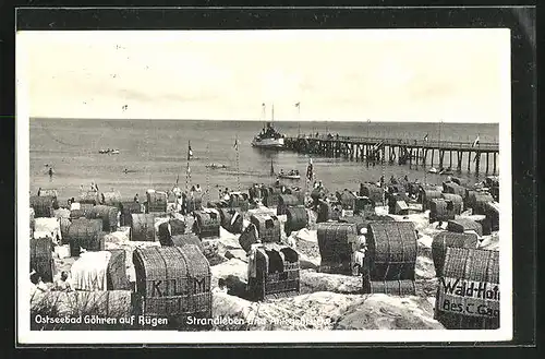 AK Göhren / Rügen, Strandleben und Anlegebrücke