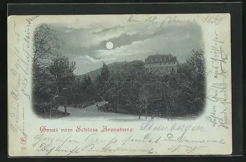 Mondschein-AK Arensburg, Blick zum Schloss