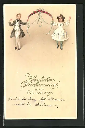 Lithographie Herzlichen Glückwunsch zum Namenstage, Tanzpaar mit Blumengirlande