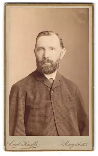 Fotografie Carl Hauffe, Burgstädt, Carolinenstrasse 300, Portrait modisch gekleideter Herr mit Vollbart