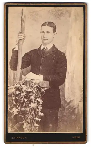 Fotografie J. Hansen, Nexö, Portrait modisch gekleideter Herr mit Ast in der Hand