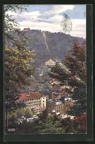 Künstler-AK Wildbad, Ortschaft am Sommerberg mit der Bergbahn