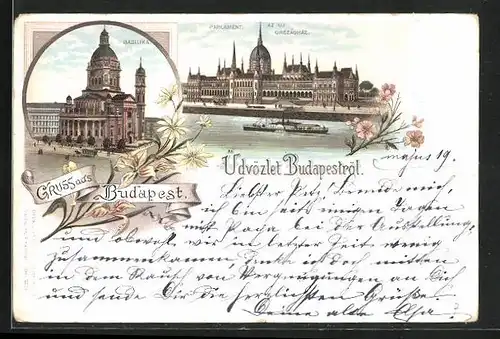 Lithographie Budapest, Dampfer passiert das Parlament, Basilika