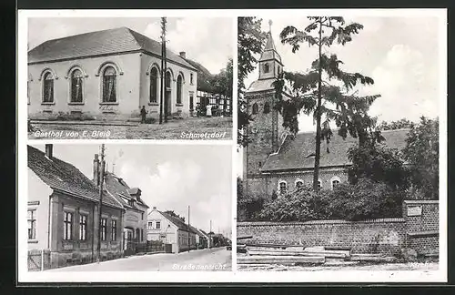 AK Schmetzdorf, Gasthof von E. Bleiss, Strassenpartie, Kirche