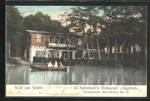 AK Seddin, Ruderboot am Gasthaus Jägerhof von W. Kaltenbach