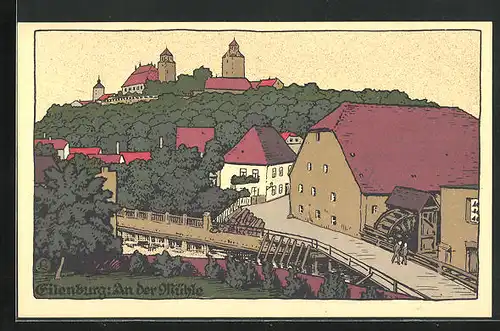Steindruck-AK Eilenburg, Partie an der Mühle, Wassermühle