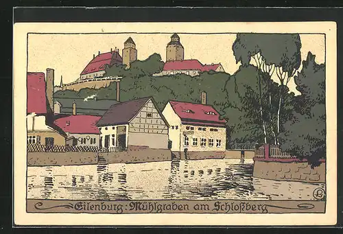 Steindruck-AK Eilenburg, Mühlgraben am Schlossberg