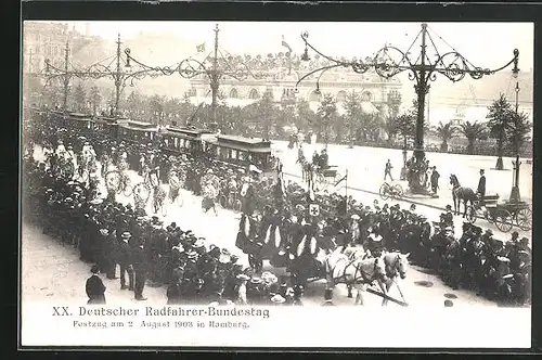 AK Hamburg, Festzug zum XX. Deutscher Radfahrer-Bundestag 1903, Strassenbahn