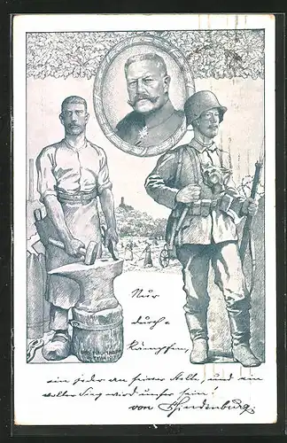 Künstler-AK sign. Otto Flechtner: Paul von Hindenburg, Soldat neben Schmied mit Hammer und Amboss