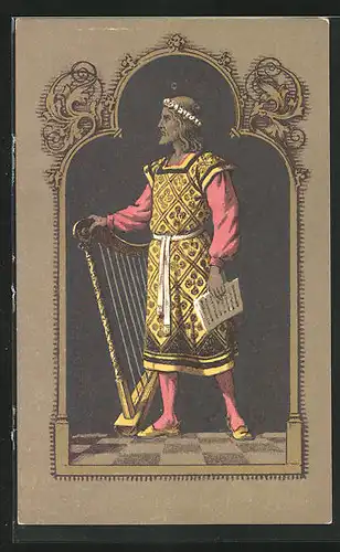 AK Harfespieler mit Notenblatt in der Hand