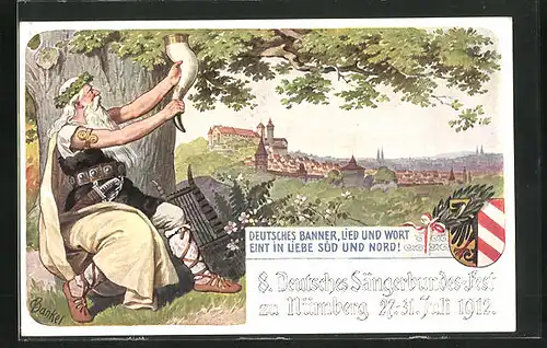 Künstler-AK Nürnberg, VIII. Deutsches Sängerbundesfest 1912, Alter Krieger mit Horn und Harfe, Teilansicht