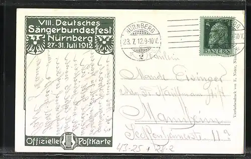 Künstler-AK Nürnberg, VIII. Deutsches Sängerbundesfest 1912, Alter Krieger mit Horn und Harfe, Teilansicht