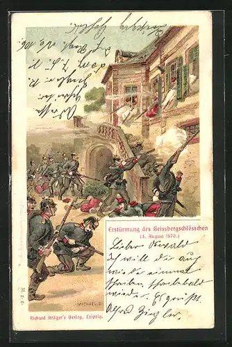 Künstler-AK Michaelis: Erstürmung des Geissbergschlösschens am 4.8.1870