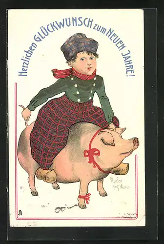 Künstler-AK Neujahrsgruss mit kleinem Schweinereiter