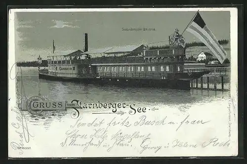 Mondschein-Lithographie Starnberger See, Salondampfer Bavaria