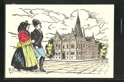 Künstler-AK Karánsebes, Városháza, Paar in Tracht am Rathaus