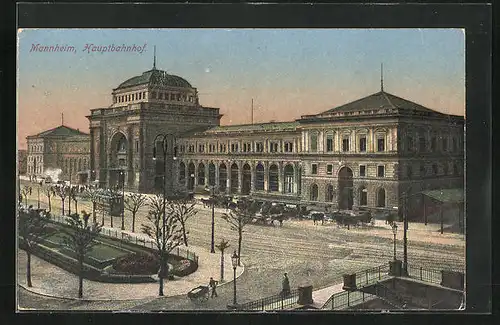 AK Mannheim, Hauptbahnhof mit Strassenbahn