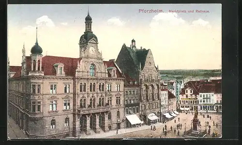 AK Pforzheim, Blick auf Marktplatz am Rathaus