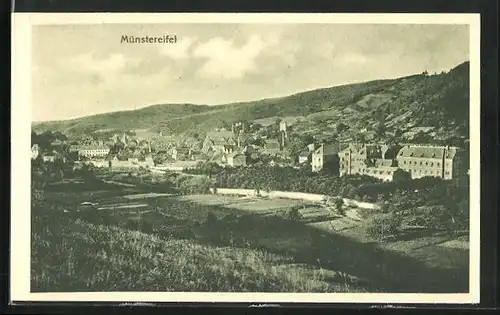 AK Münstereifel, Blick auf Ortschaft mit Felder und Bergen
