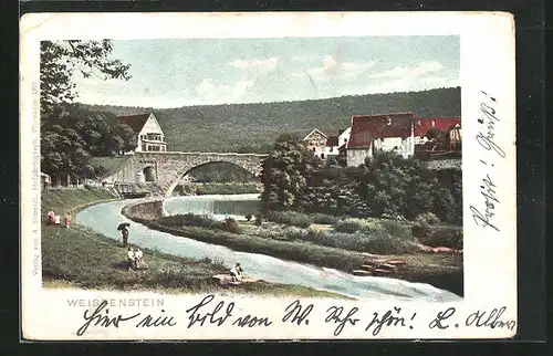 AK Weissenstein, Fluss unter Brücke mit Menschen