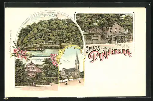 Lithographie Pinneberg, Gasthaus zur Eiche, Bahnhof`s Hotel, Hütte im Fahlt, Kirche