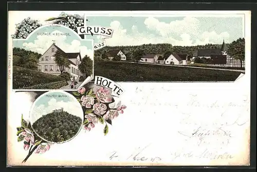 Lithographie Holte, Gasthof H. Beinker, Holter Burg, Teilansicht