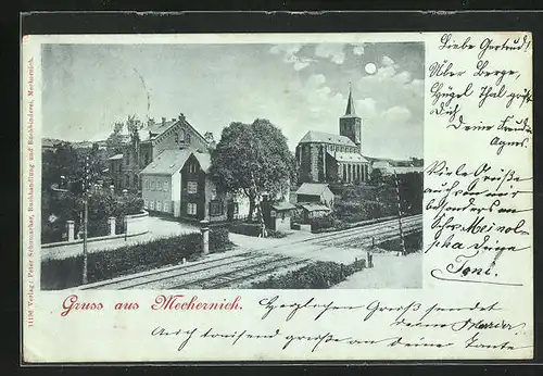 Mondschein-AK Mechernich, Ortspartie mit Kirche