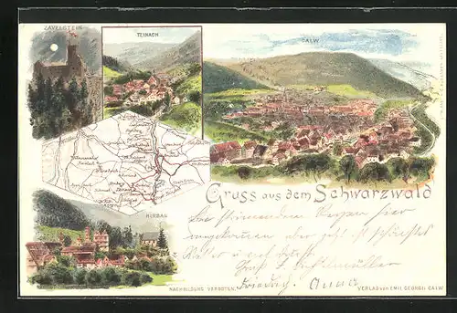 Lithographie Calw /Schwarzwald, Zavelstein bei Mondschein, Hirsau, Landkarte mit Würzbach, Stamheim und Wildbad