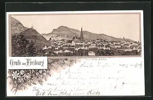 Lithographie Freiburg, Teilansicht mit Kirche