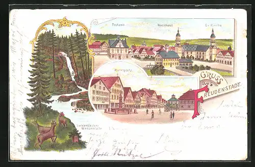 Lithographie Freudenstadt, Postamt mit Wachthaus und Ev. Kirche, Marktplatz, Sankenbacher Wasserfälle