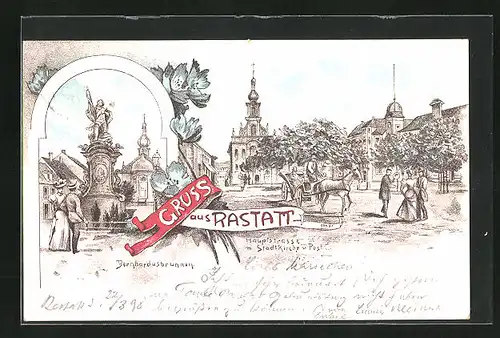 Künstler-AK Rastatt, Bernhardusbrunnen, Hautpstrasse mit Stadtkirche und Post