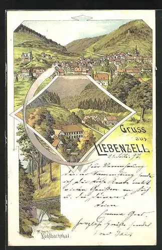 Lithographie Liebenzell, Ortsansicht, Partie im Kohlbachthal