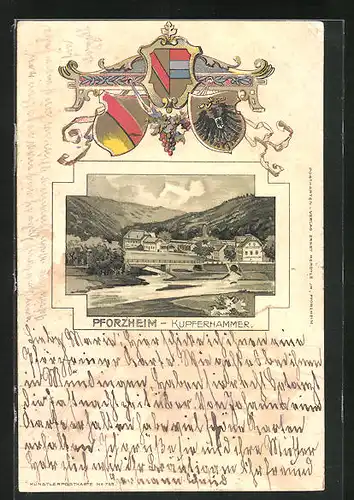 Passepartout-Lithographie Pforzheim-Kupferhammer, Panorama vom Ort, Wappen