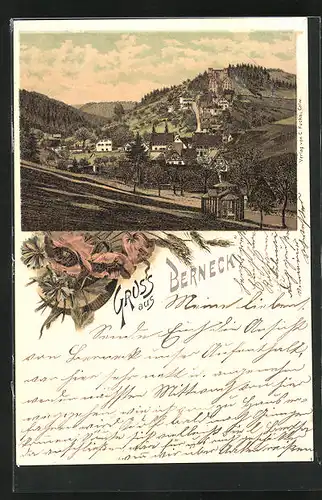Lithographie Berneck, Panoramablick auf das Dorf
