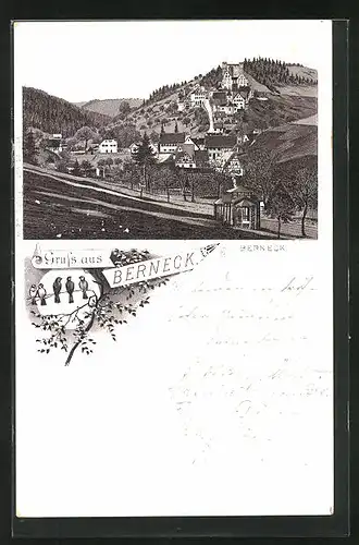 Lithographie Berneck, Blick auf den idyllisch gelegenen Ort