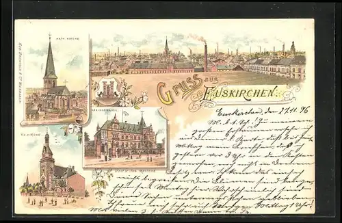 Lithographie Euskirchen, Kath. und Ev. Kirche, Kreisgebäude