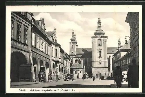 AK Saaz, Ackermannplatz mit Stadtkirche