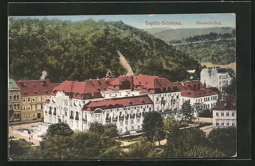 AK Teplitz Schönau / Teplice, Elisabeth-Bad aus der Vogelschau