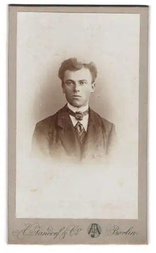 Fotografie A. Jandorf & Co., Berlin, Spittelmarkt 16-17, Junger Mann im Anzug mit Krawatte