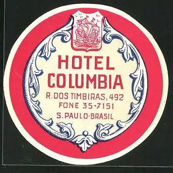 Kofferaufkleber S. Paulo, Hotel Columbia, R. dos Timiras 492