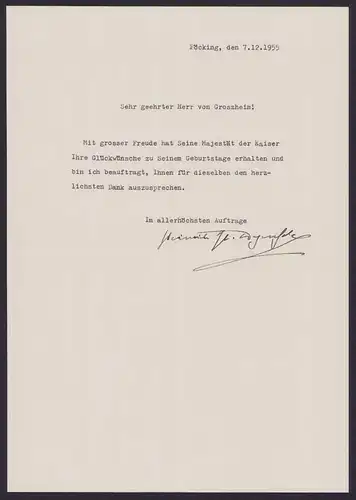 Dankschreiben Kaiser Otto von Habsburg für Glückwünsche zum Geburtstag 1955 in Pöcking, Autograph Sekretär des Kaisers