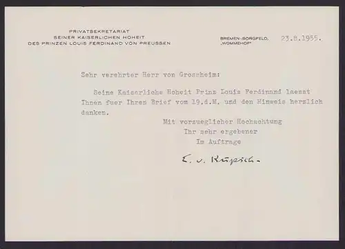 Dankschreiben Prinz Louis Ferdinand von Preussen, Autograph Sekretär, Bremen-Borgfeld Wümmehof 1955