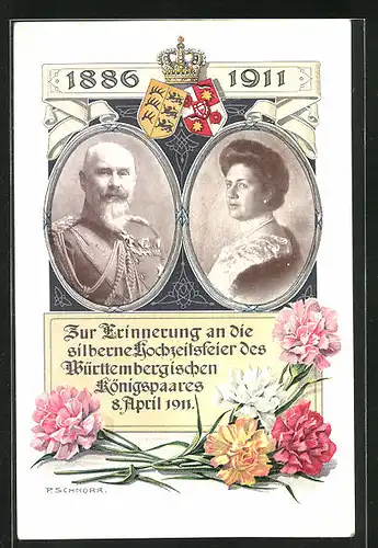 AK Zur Erinnerung an die silberne Hochzeitsfeier des Württemberischen Königspaares 1911, 1886-1911