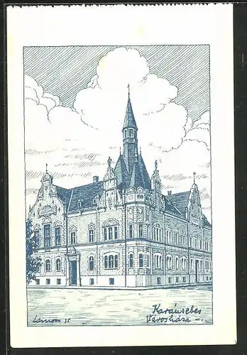 Künstler-AK Karánsebes, Városháza, Rathaus