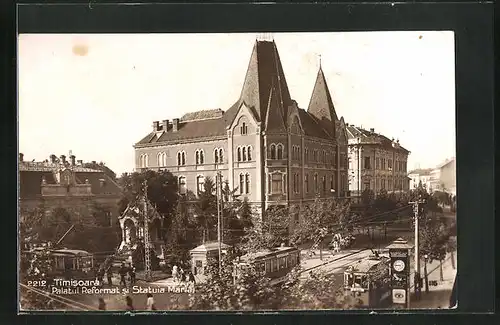 AK Timisoara, Palatul Reformat si Statuia Maria, Bahnhof und Strassenbahnen