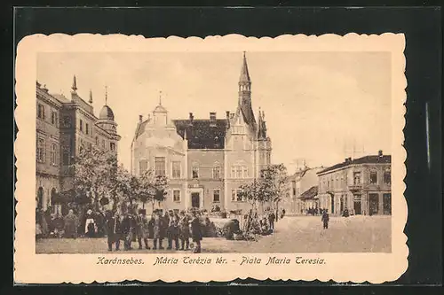 AK Karansebes, Piata Maria Teresia, Blick auf Kirche